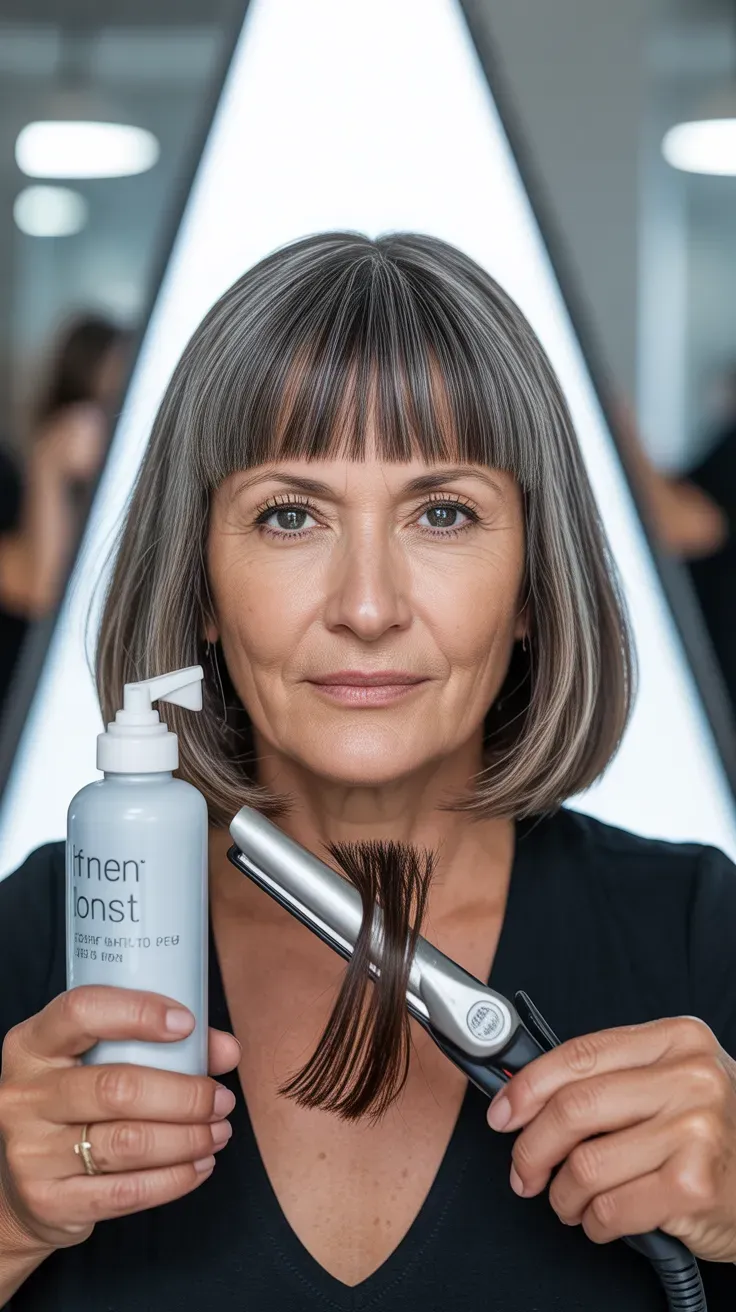 Woman over 50 with medium-length hair paired with a precise blunt fringe