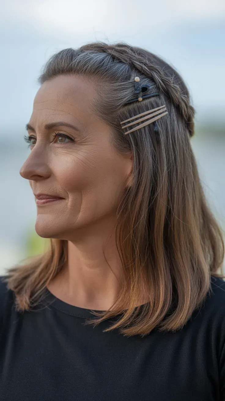 Woman over 50 with medium-length hair styled in a braided half-up hairstyle