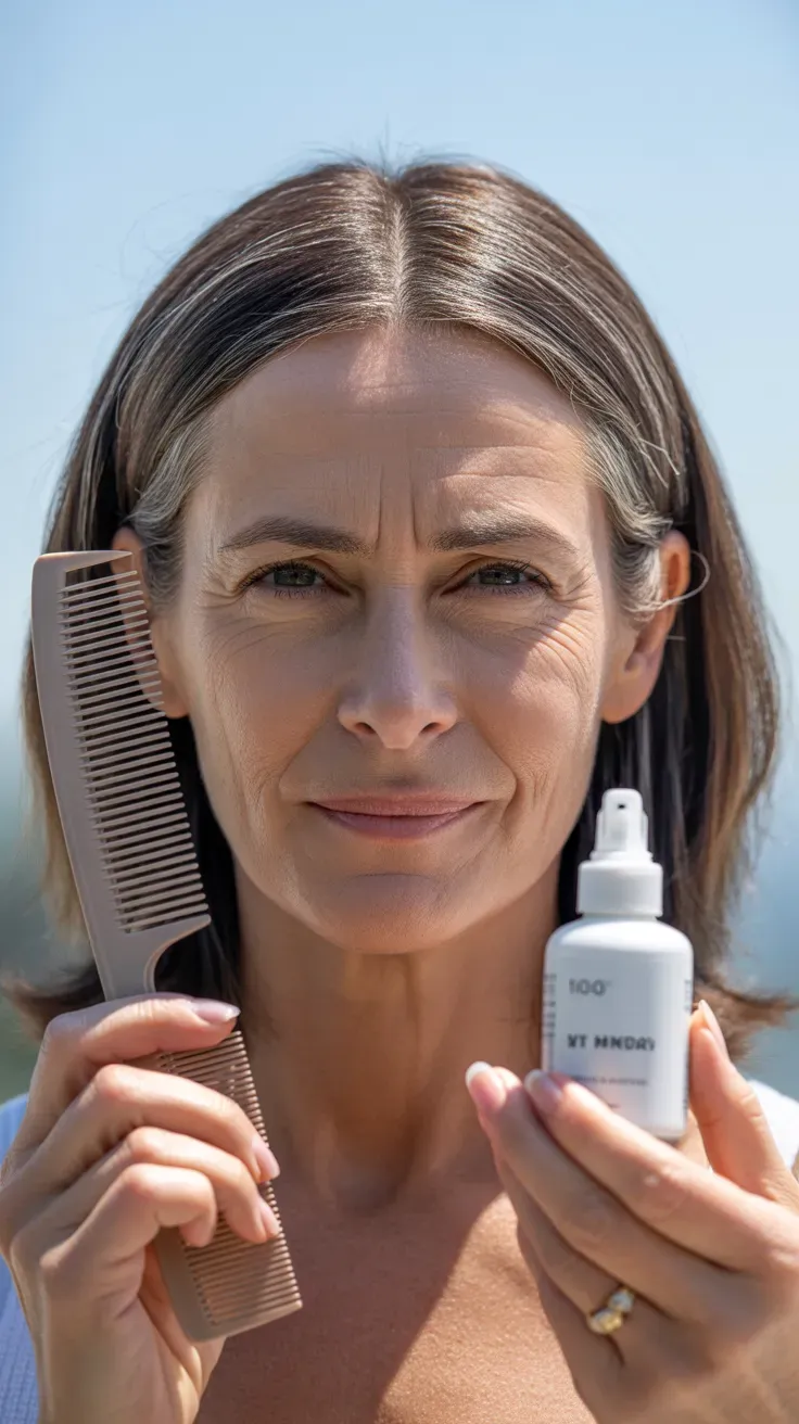Woman over 50 with medium-length hair styled with a precise center part