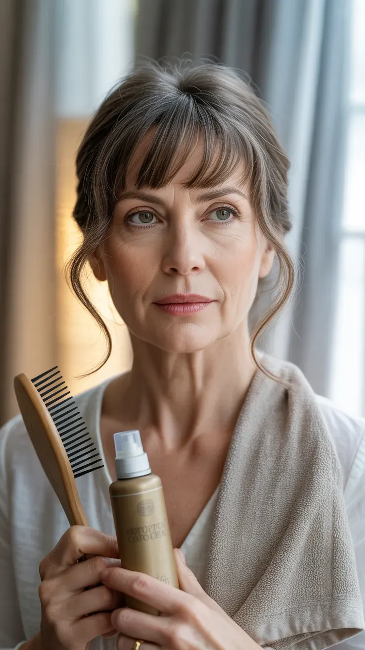Woman over 50 with medium-length hair paired with soft curtain bangs