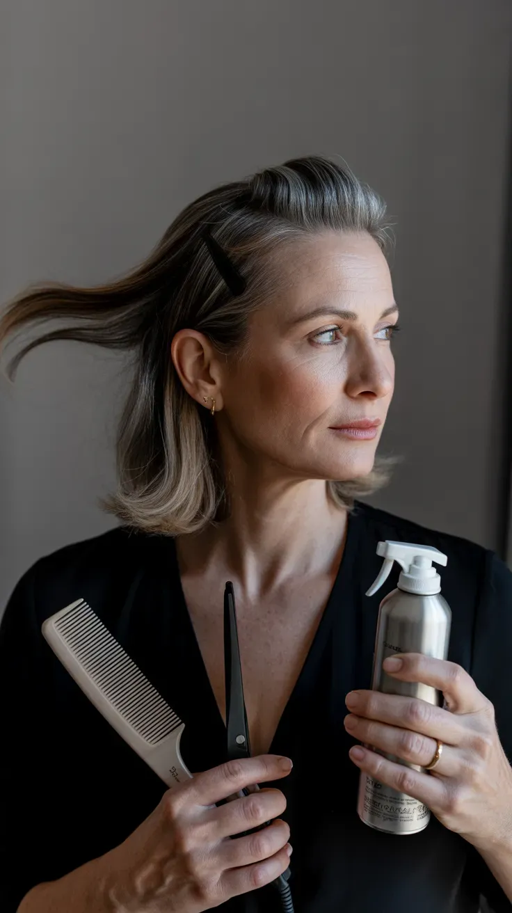 Woman over 50 with medium-length hair styled with a deep, dramatic side part