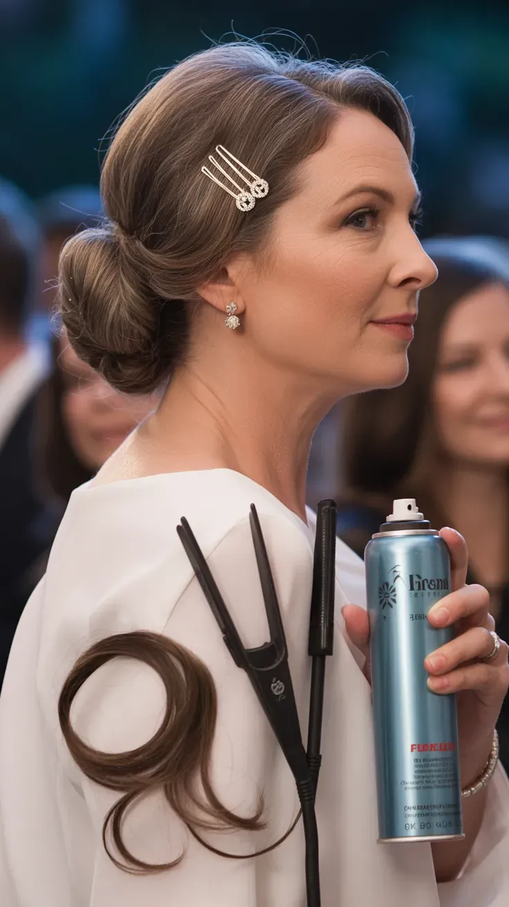 Woman over 50 with medium-length hair styled in an elegant updo for a formal occasion