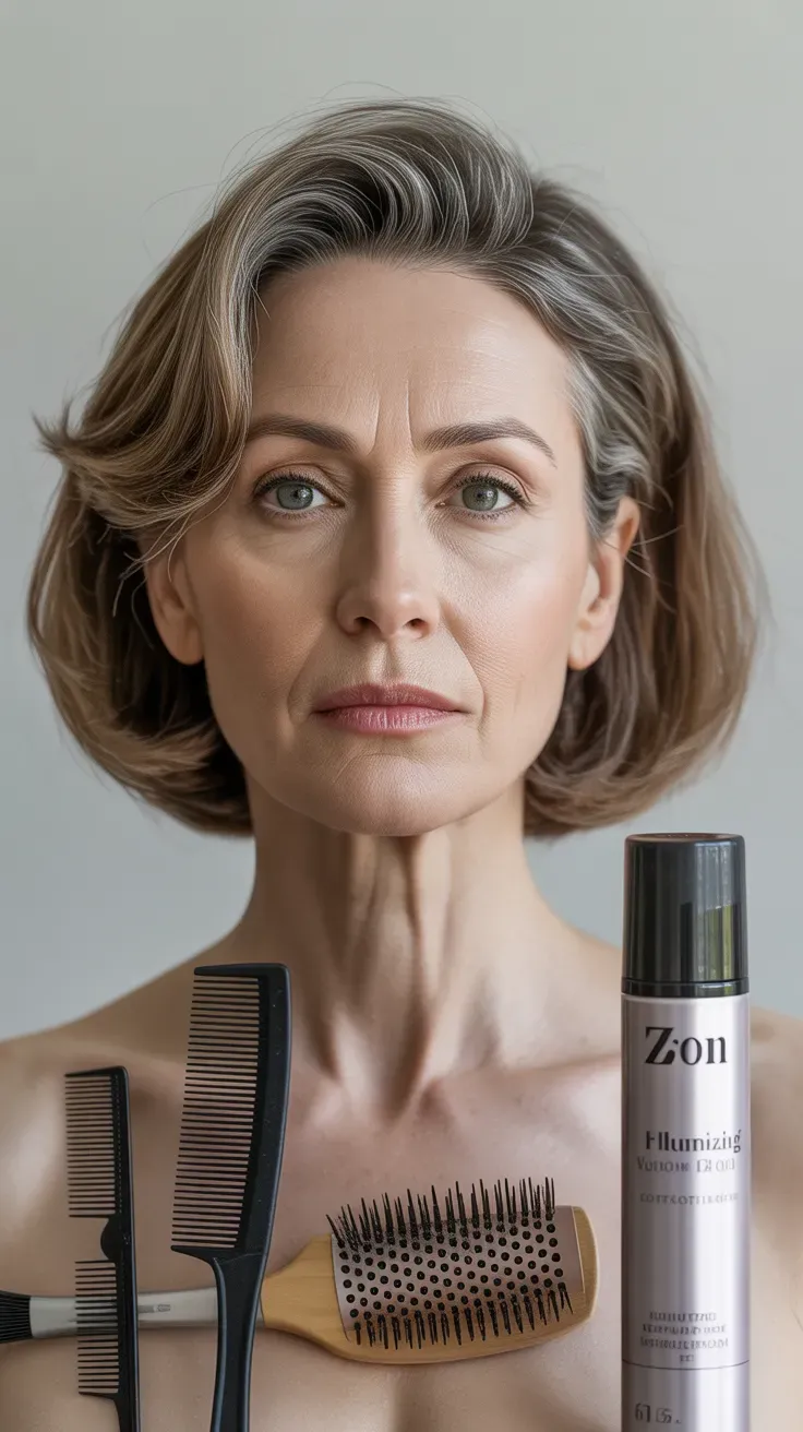Woman over 50 with medium-length hair styled to add fullness for fine, thinning hair