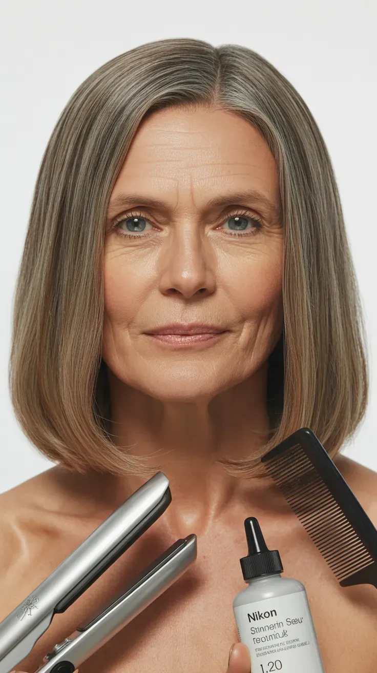Woman over 50 with medium-length hair styled perfectly sleek and straight