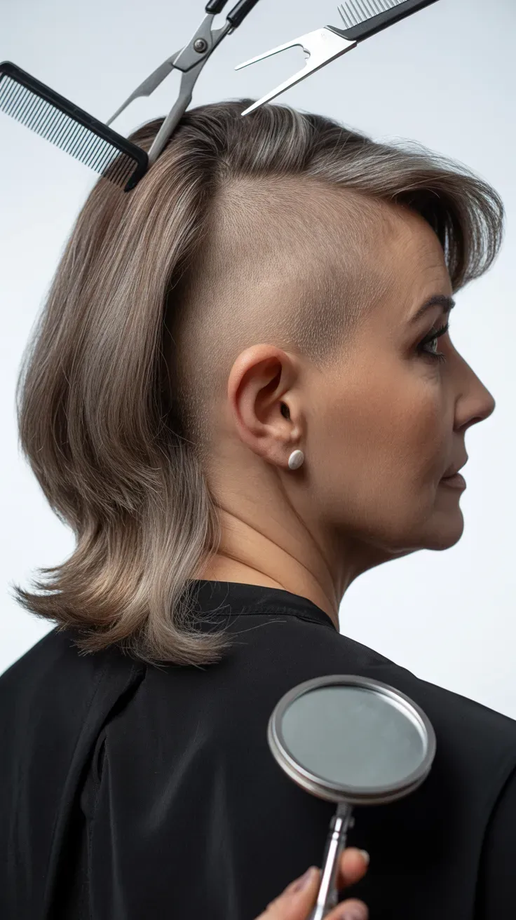 Woman over 50 with medium-length hair featuring a subtle undercut at the nape