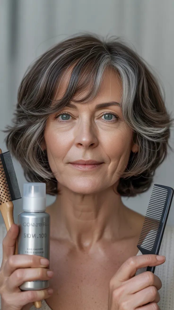 Woman over 50 with a medium-length shag featuring soft face-framing layers