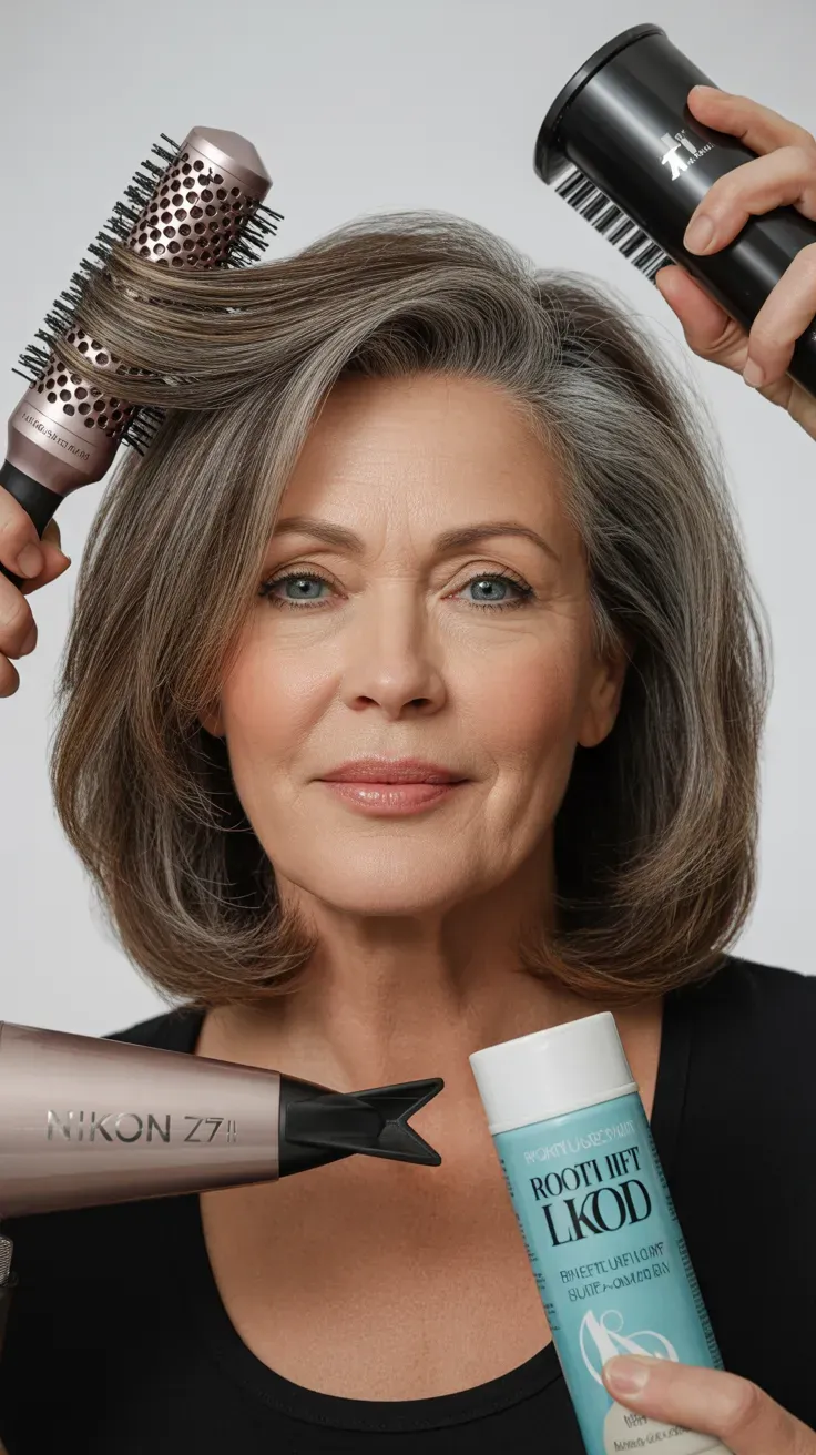 Woman over 50 with a medium-length shag styled with lifted root volume