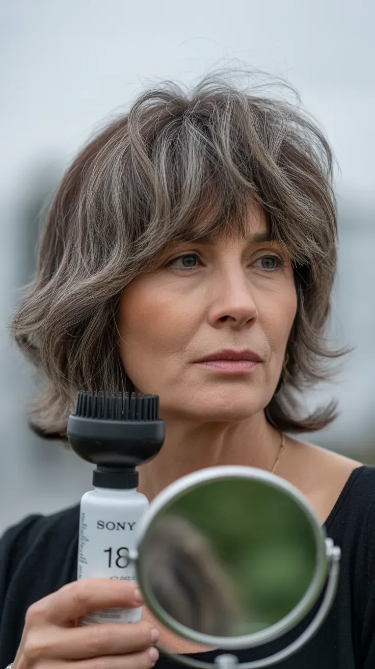 Woman over 50 with a medium-length shag paired with a soft, wispy fringe