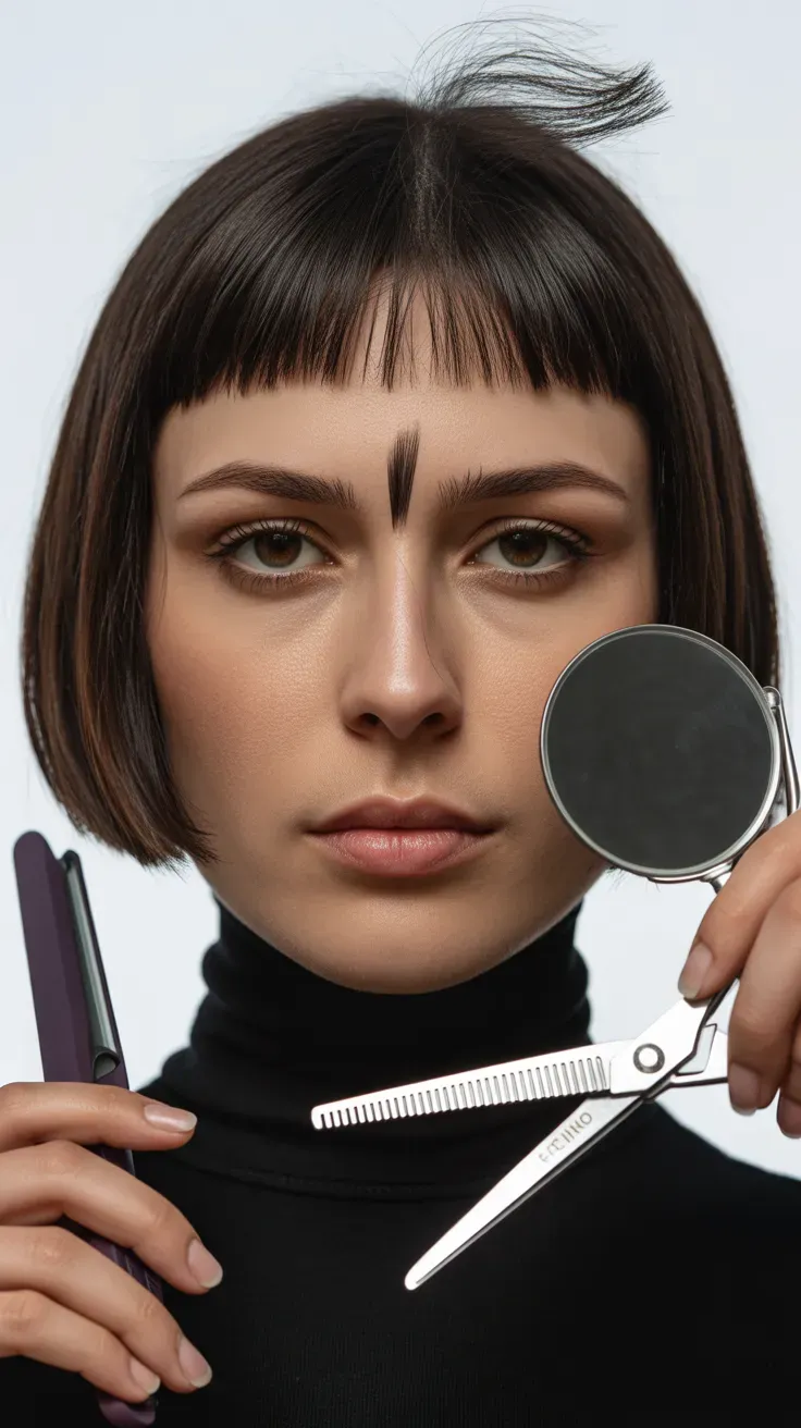 Woman with a sleek bob and short micro fringe above the eyebrows