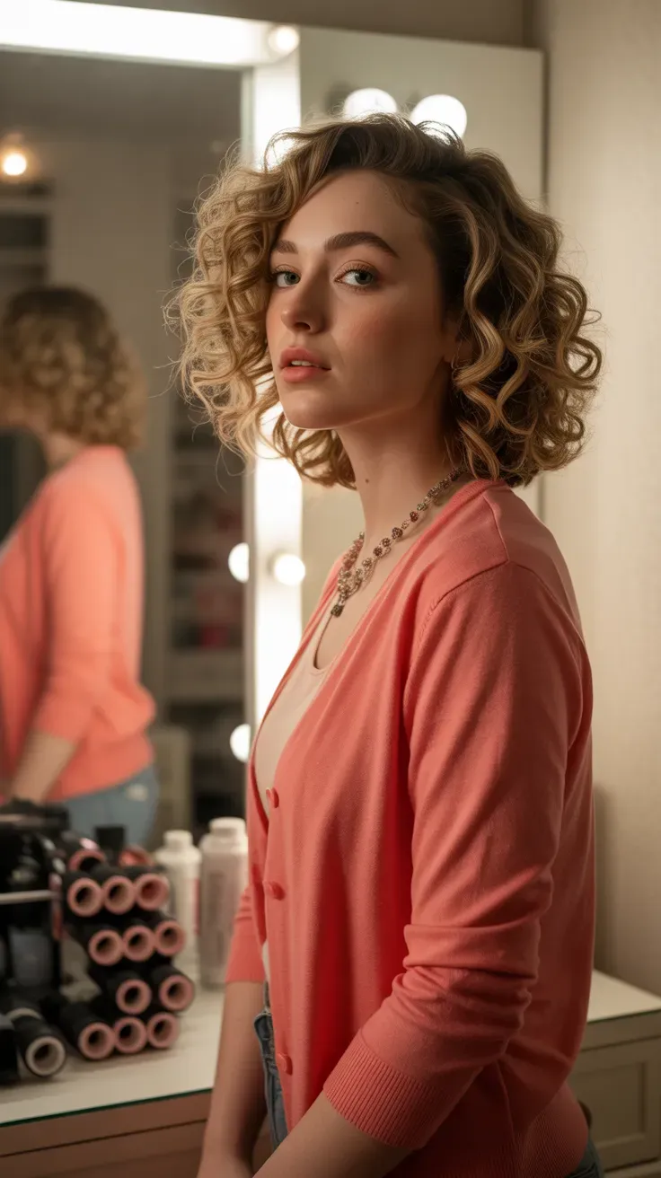 Woman with soft bouncy curls styled using velcro rollers throughout