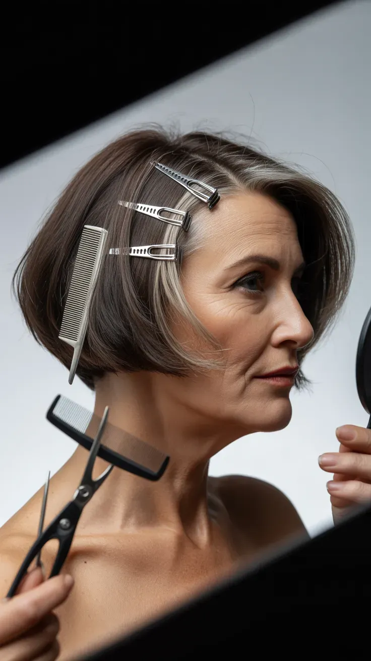 Woman over 50 with a sassy asymmetrical bob, shorter on one side