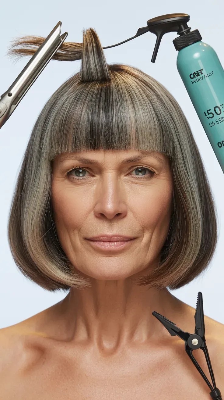 Woman over 50 with a sassy bob paired with a precise blunt fringe