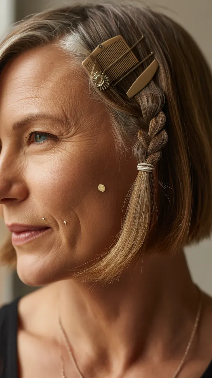 Woman over 50 with a sassy bob featuring a small, playful braided accent