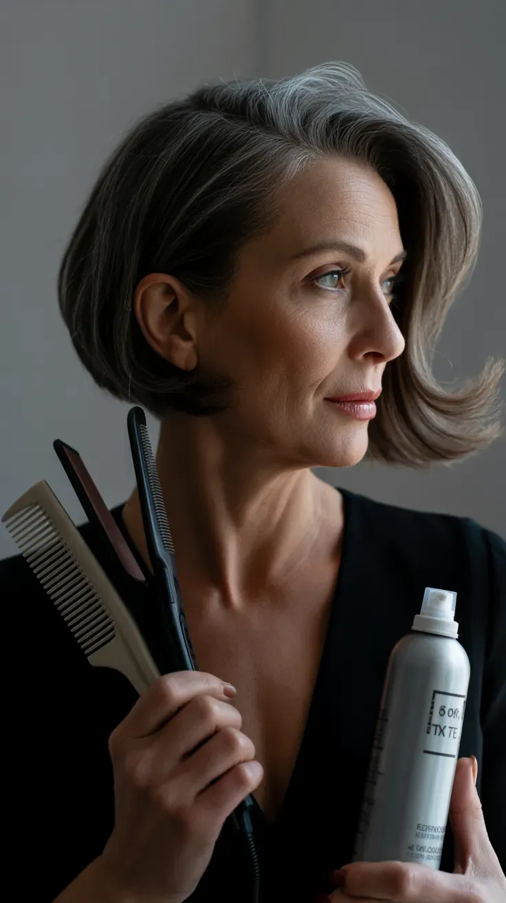Woman over 50 with a sassy bob styled with a deep, dramatic side part