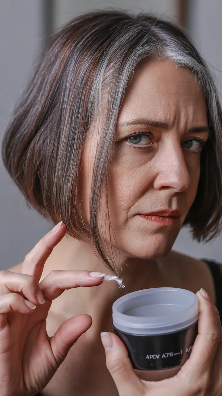 Woman over 50 with a sassy bob featuring piecey, separated ends