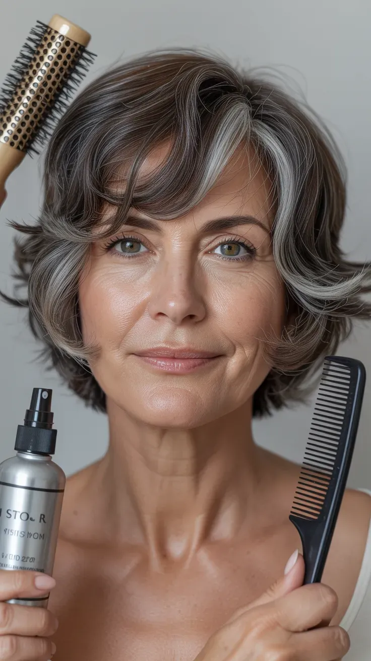 Woman over 50 with a sassy bob styled perfectly sleek and straight