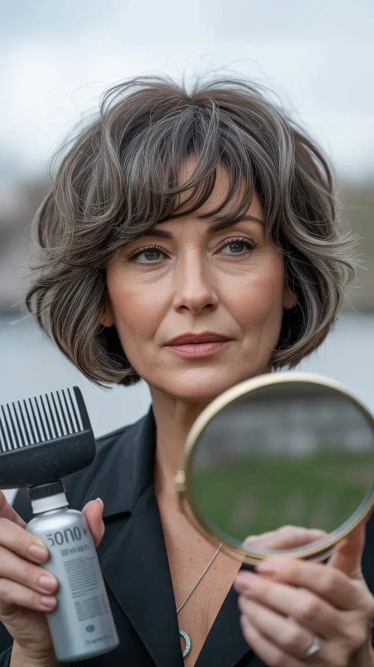 Woman over 50 with a sassy bob paired with a short, textured fringe