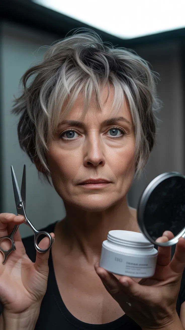 Woman over 50 with a sassy, heavily textured choppy crop