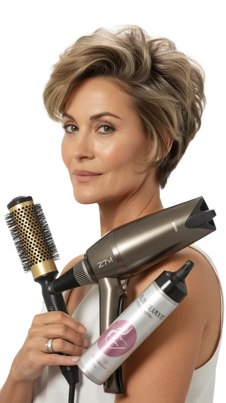 Woman over 50 with a sassy crop styled with extra volume from a fresh blowout