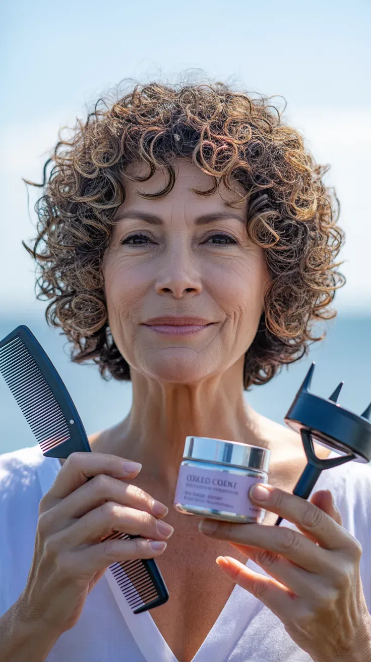 Woman over 50 with a sassy bob styled to define naturally curly hair