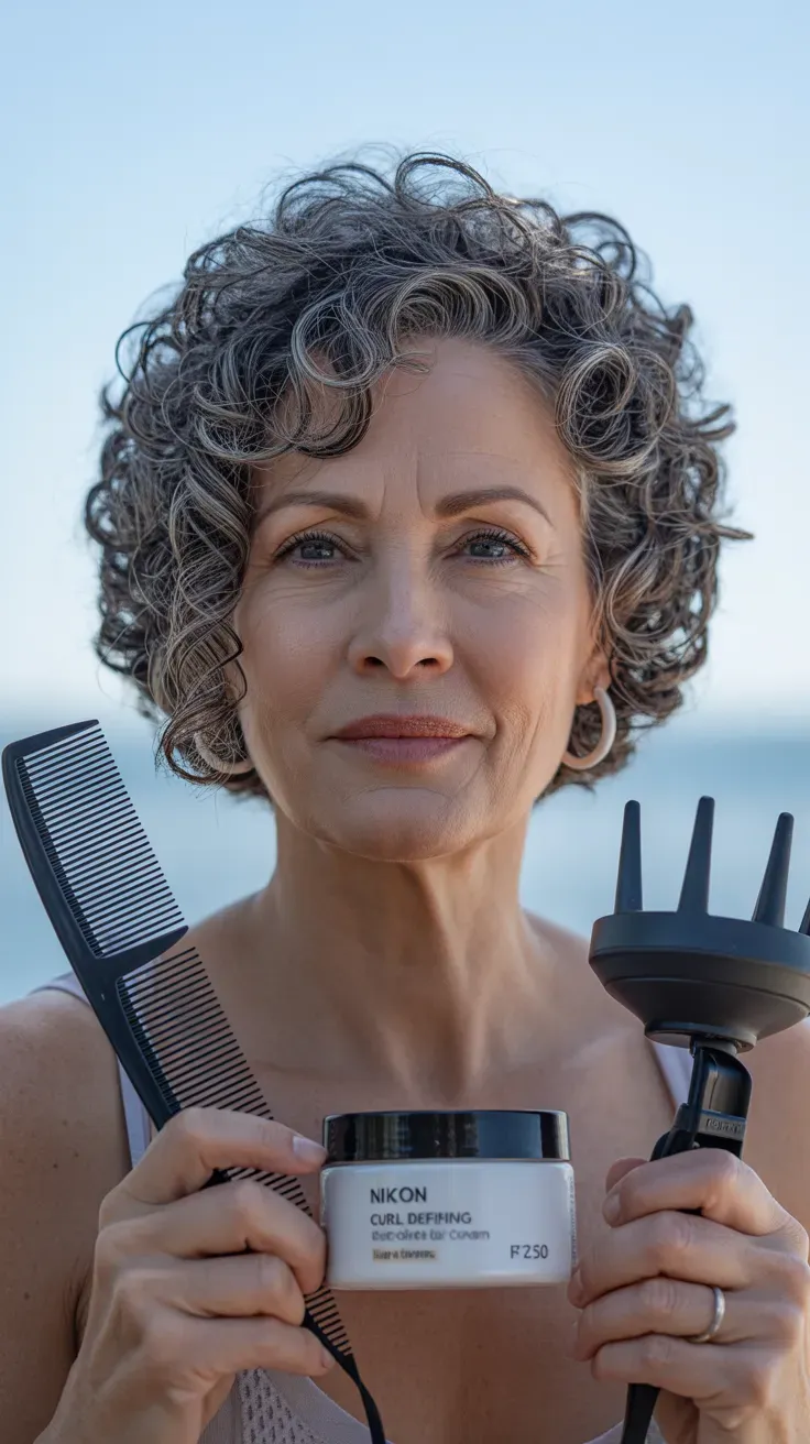 Woman over 50 with a sassy short crop styled to define natural curls