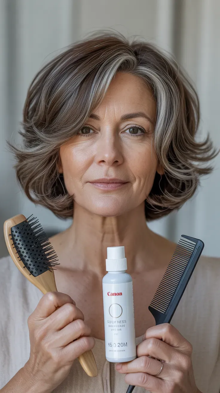 Woman over 50 with a sassy layered bob featuring soft, bouncy movement