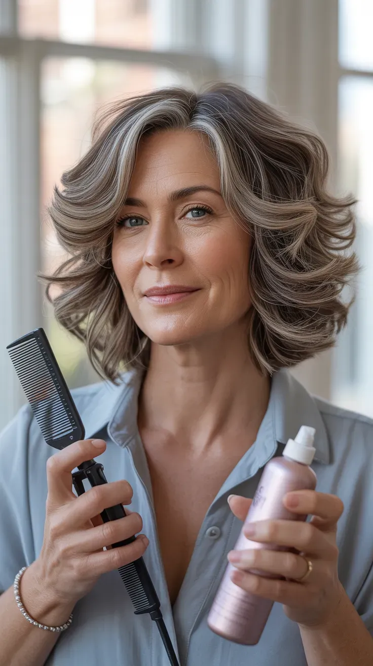 Woman over 50 with a sassy long bob styled with soft, playful waves