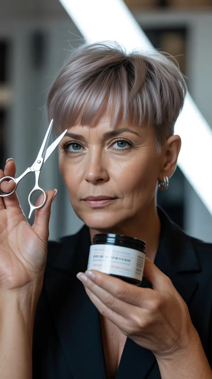 Woman over 50 with a sassy pixie paired with a bold, high-cut fringe