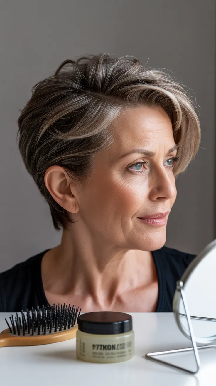 Woman over 50 with a sassy pixie brushed back away from the face