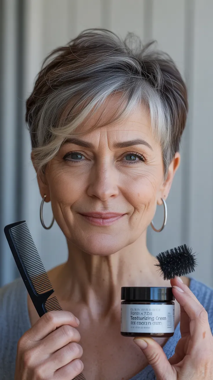 Woman over 50 with a sassy pixie cut featuring extra length on top