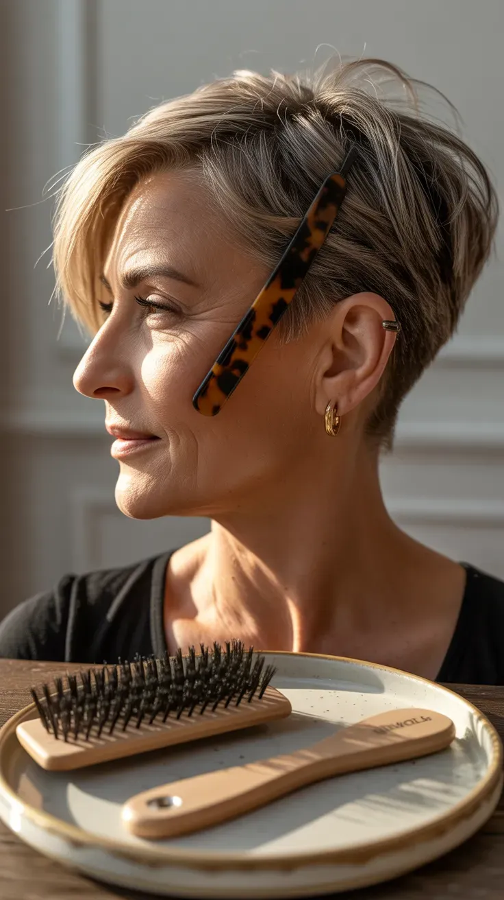 Woman over 50 with a sassy pixie styled with a long, side-swept fringe