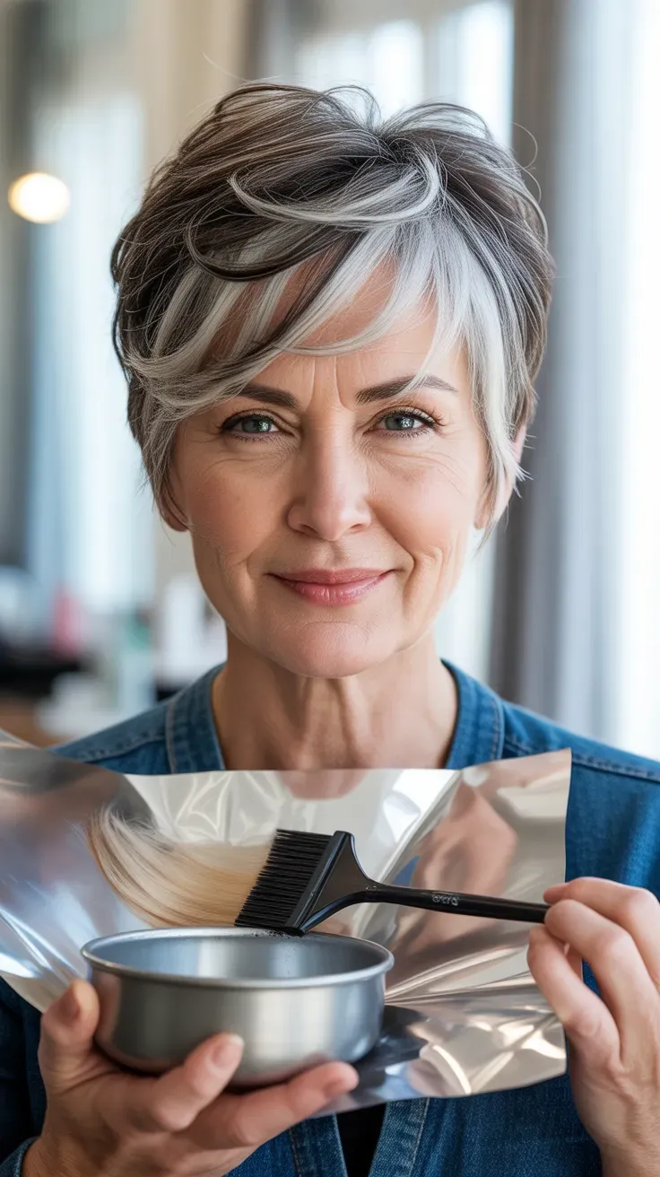 Woman over 50 with a sassy pixie featuring soft, dimensional silver highlights