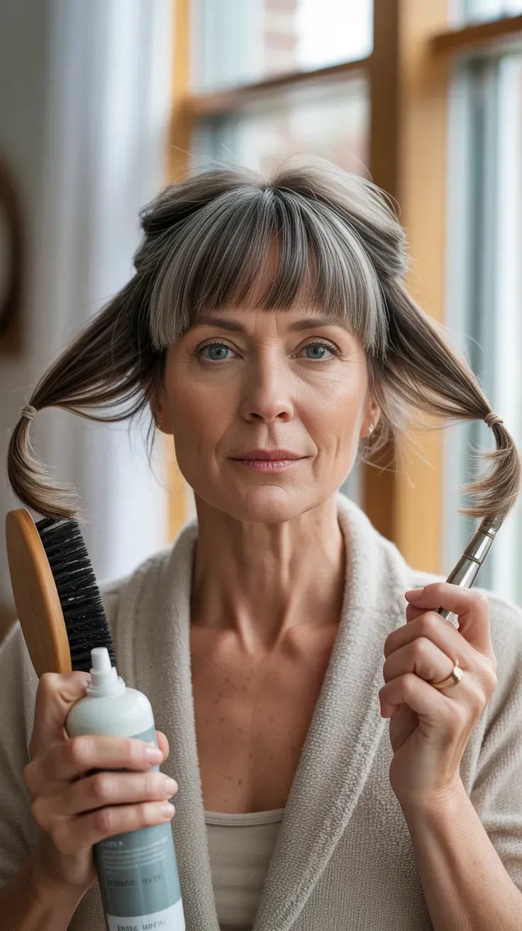 Woman over 50 with a sassy shag haircut paired with soft curtain bangs