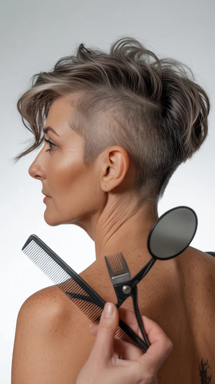 Woman over 50 with a sassy shag haircut featuring soft face-framing layers