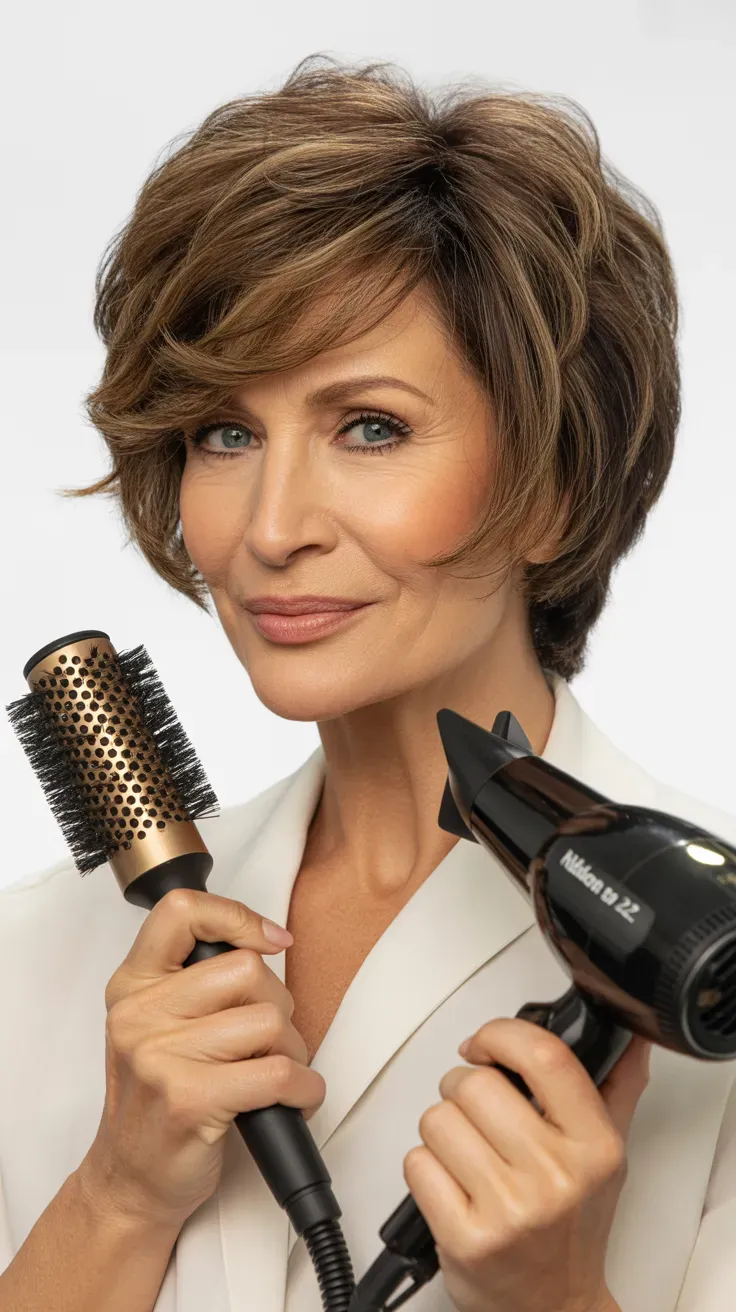 Woman over 50 with a sassy shag styled with lifted root volume