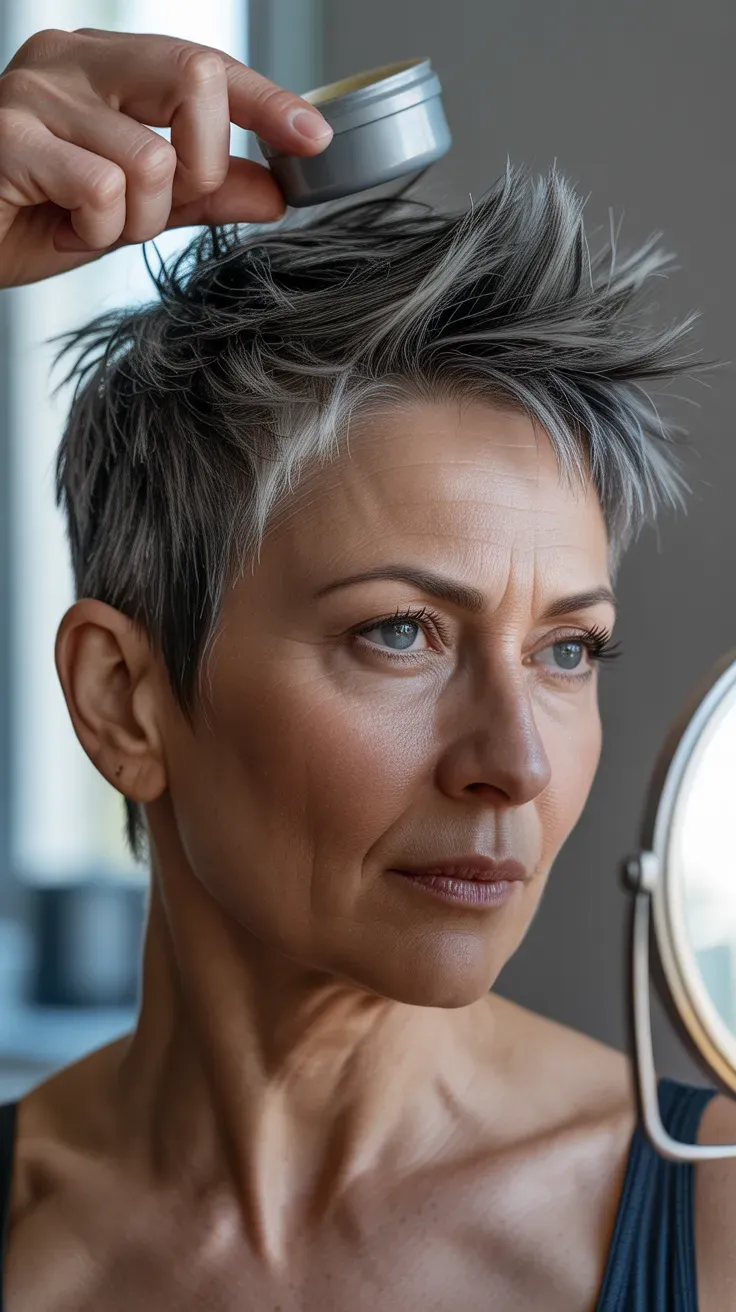 Woman over 50 with a sassy spiky crop styled with textured, upward points