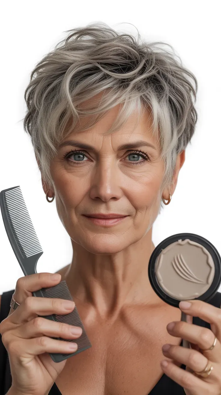 Woman over 50 with a sassy, textured pixie cut styled with playful volume