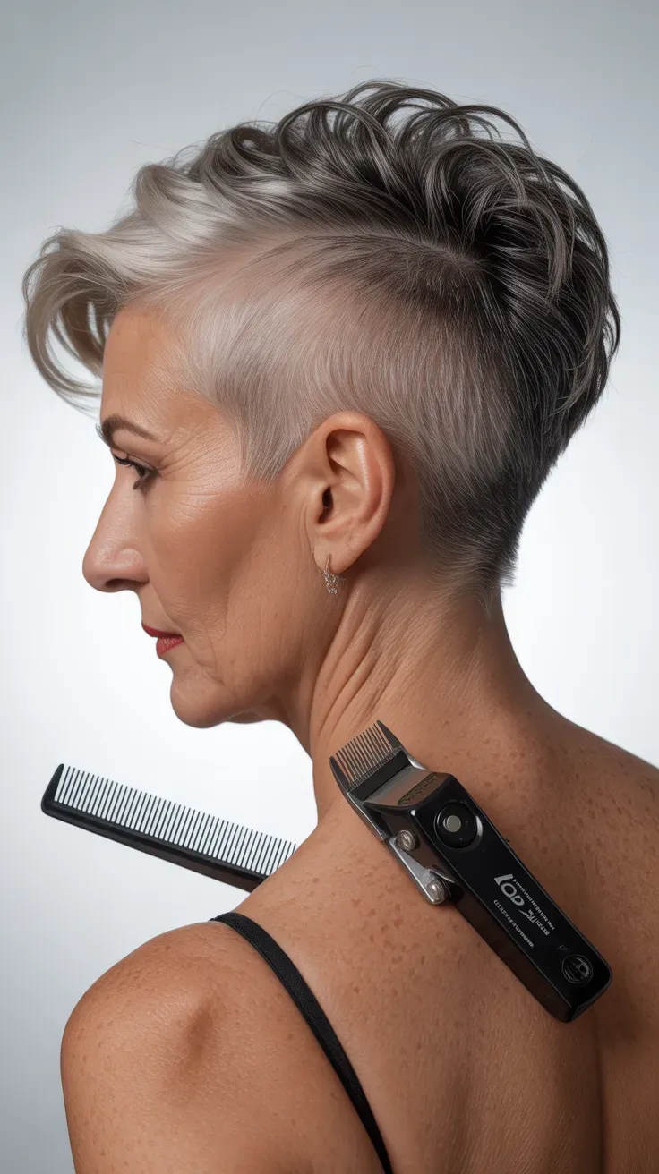 Woman over 50 with a sassy pixie featuring a bold, shaved undercut