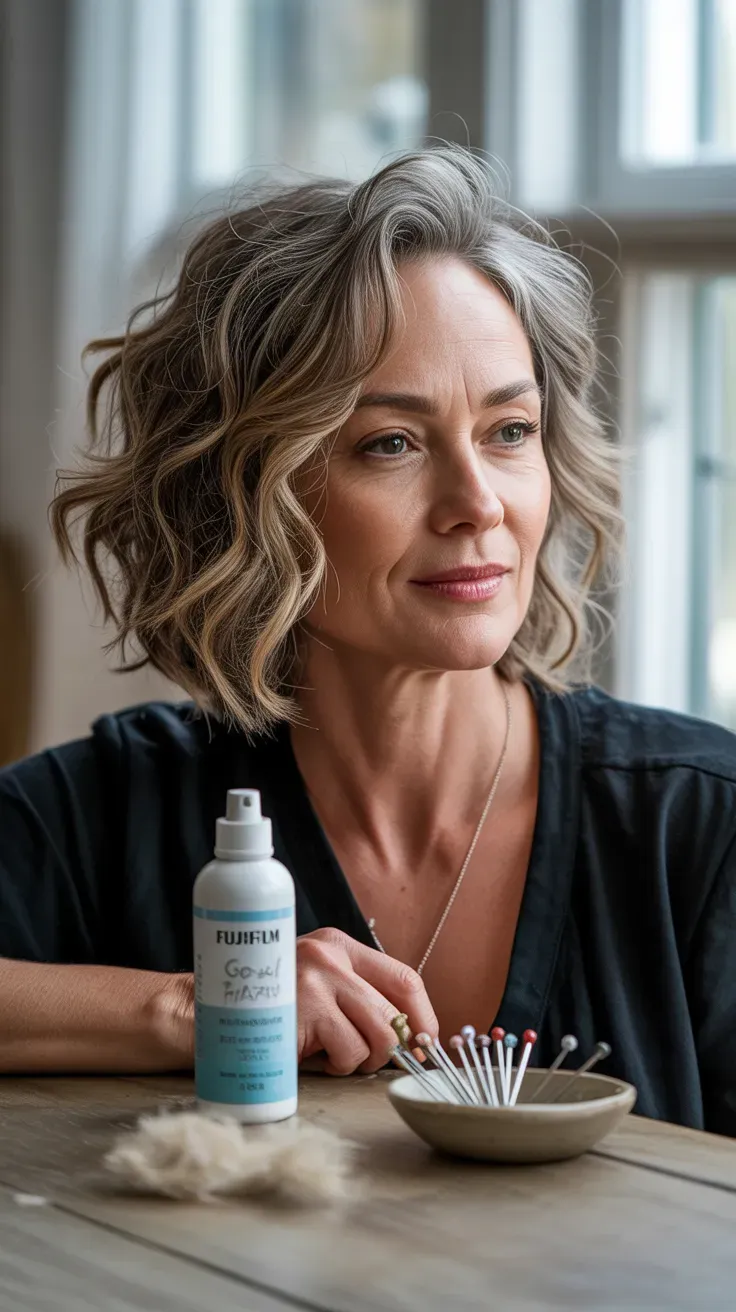 Woman over 50 with a sassy wavy lob styled with playful, loose texture