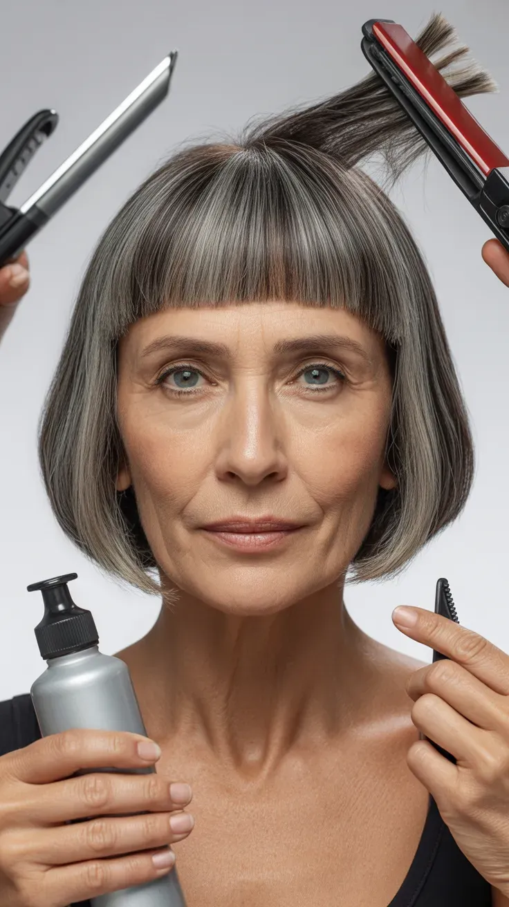 Woman over 50 with a shag haircut paired with a precise blunt fringe