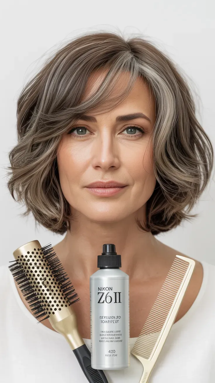 Woman over 50 with a shag bob haircut combining shag layers and bob length