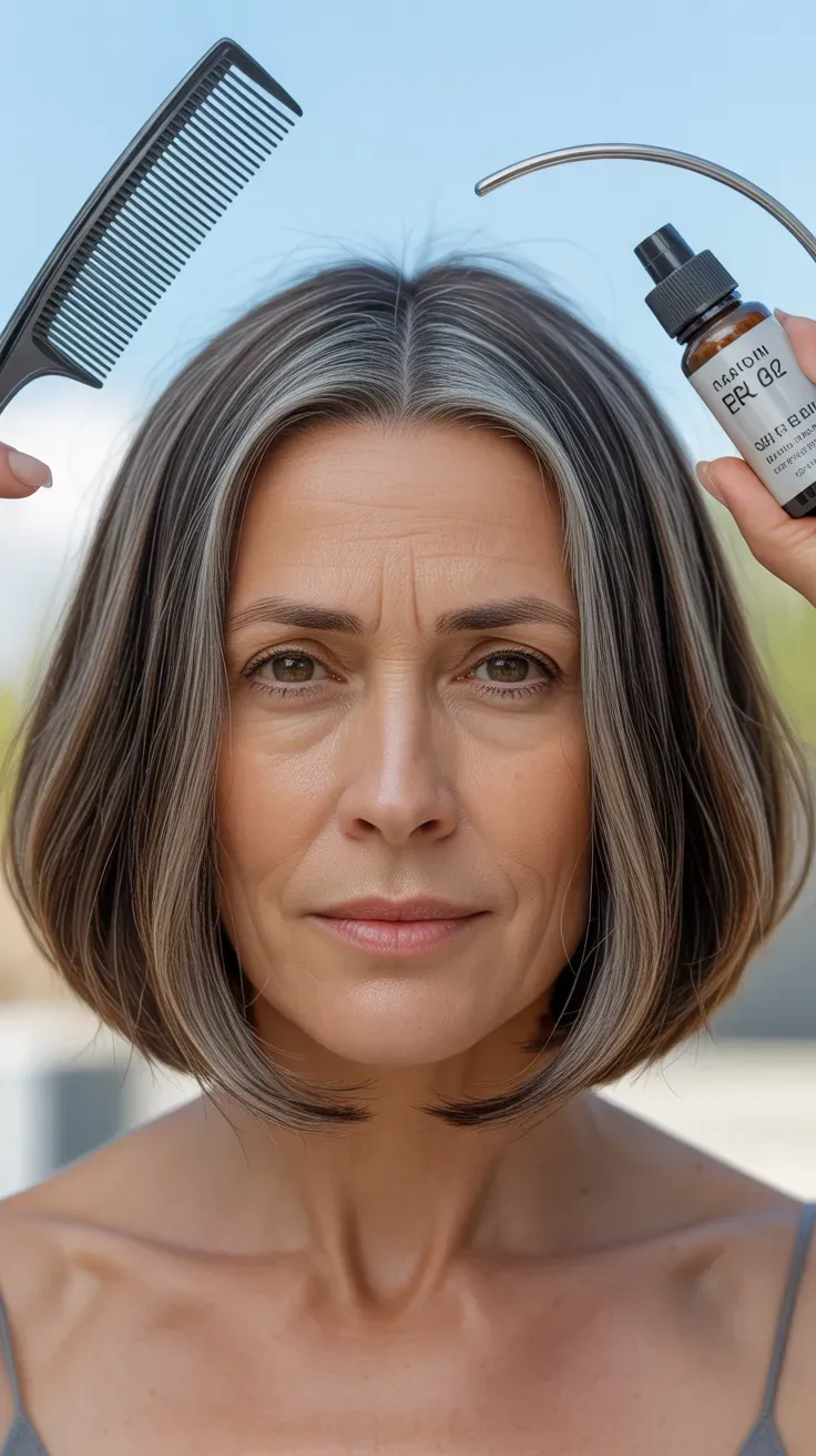 Woman over 50 with a shag haircut styled with a precise center part