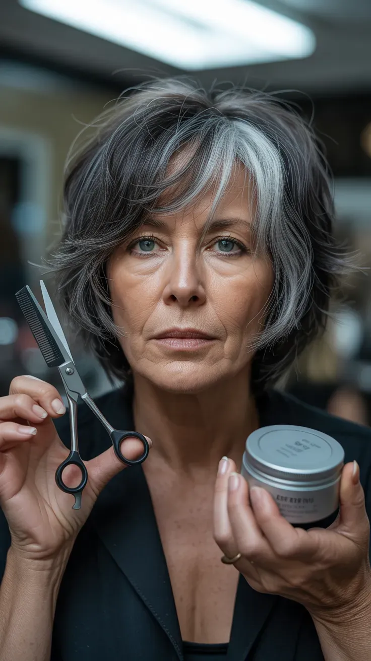 Woman over 50 with a shag haircut featuring choppy, jagged ends