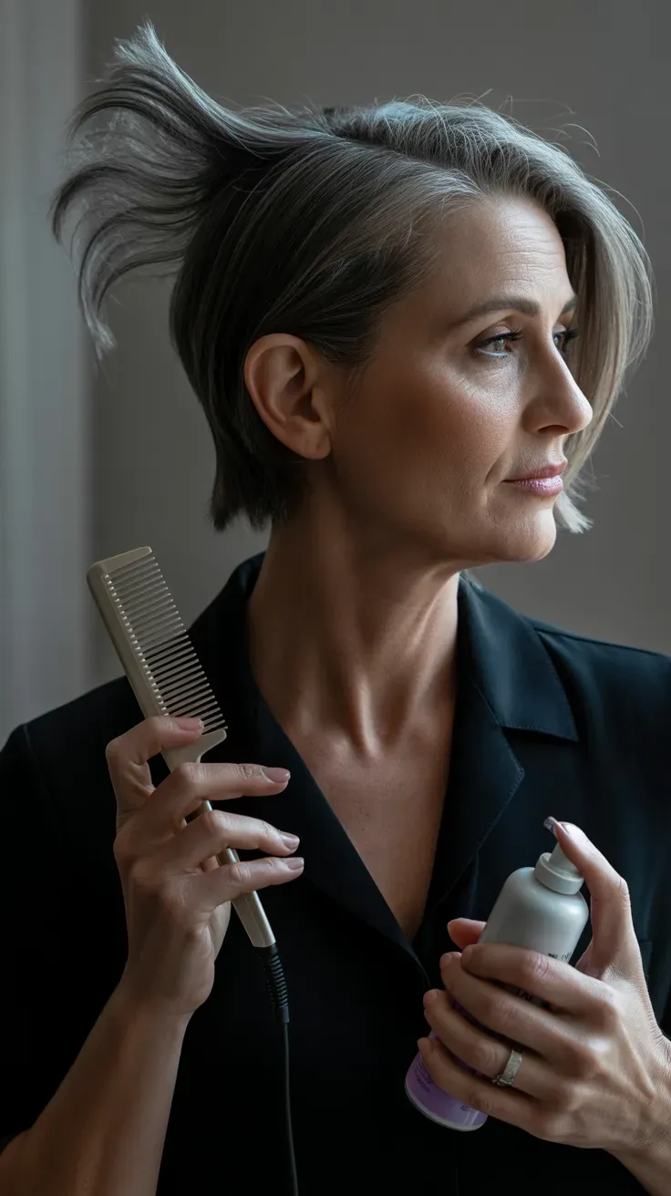 Woman over 50 with a shag haircut styled with a deep, dramatic side part