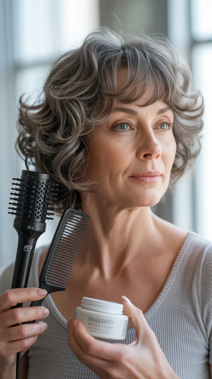 Woman over 50 with a shag haircut styled using a diffuser for natural texture
