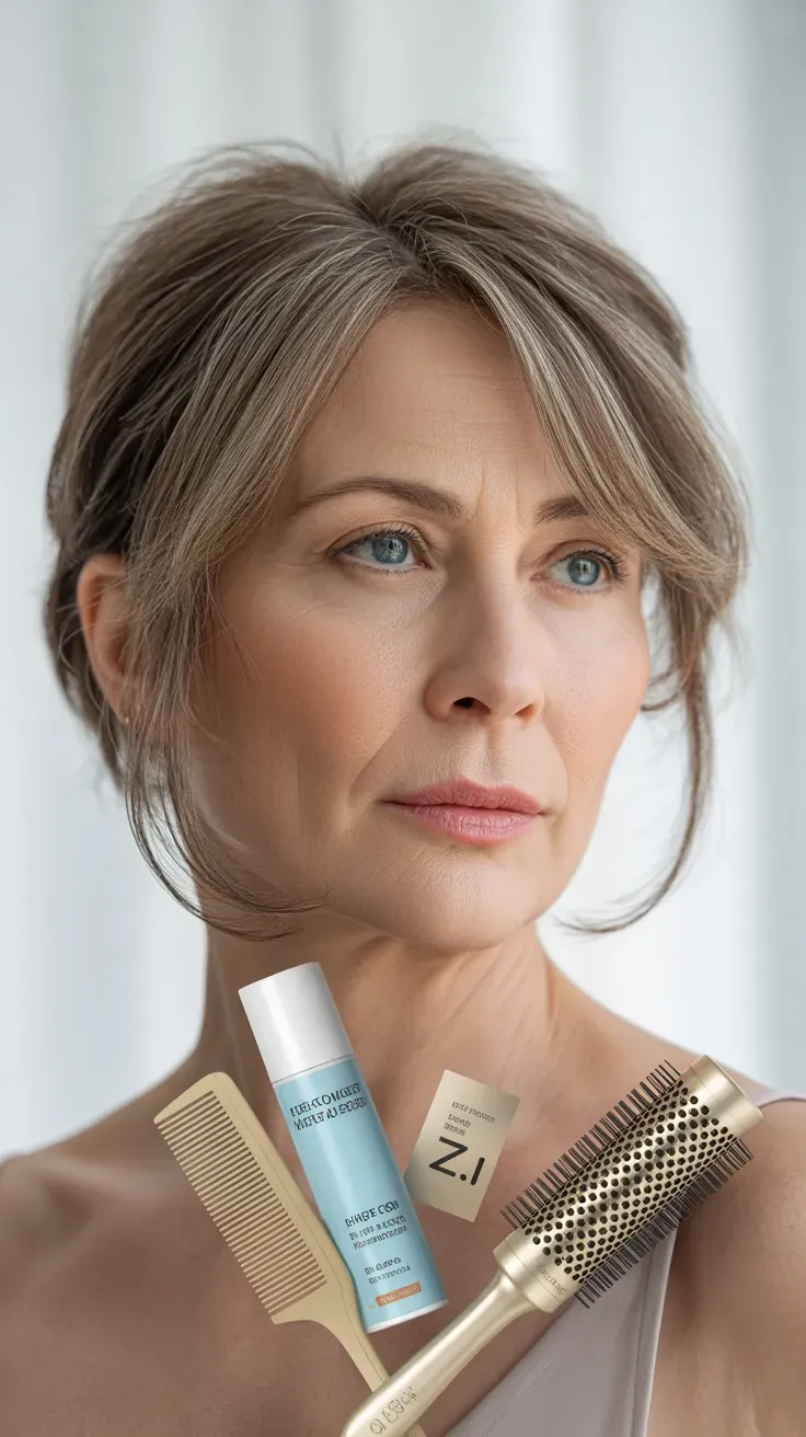 Woman over 50 with a shag haircut styled to add fullness to fine hair