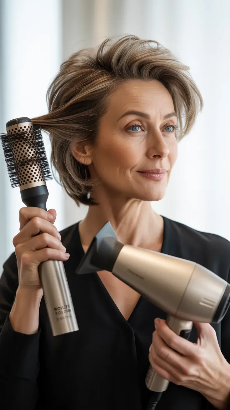 Woman over 50 with a shag haircut styled with lifted root volume