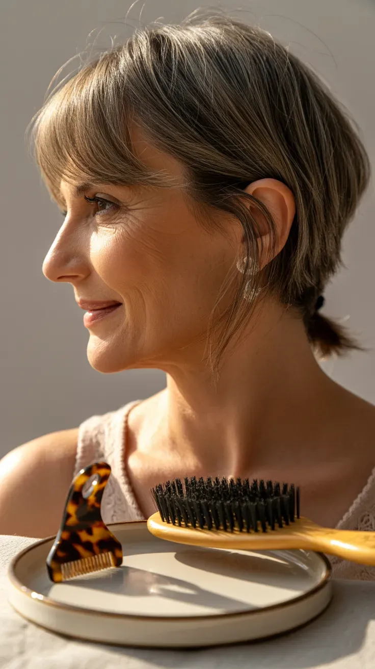 Woman over 50 with a shag haircut and long side-swept bangs