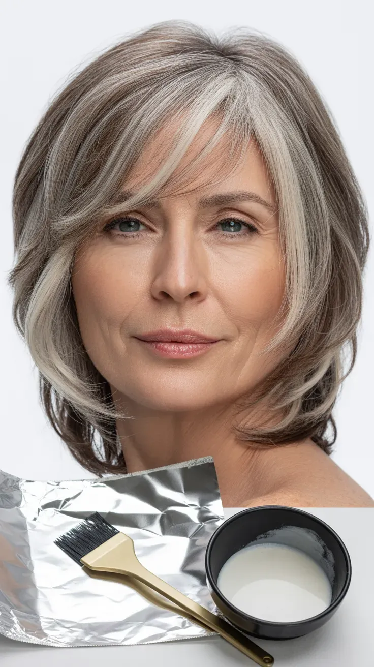 Woman over 50 with a shag haircut featuring soft, dimensional silver highlights