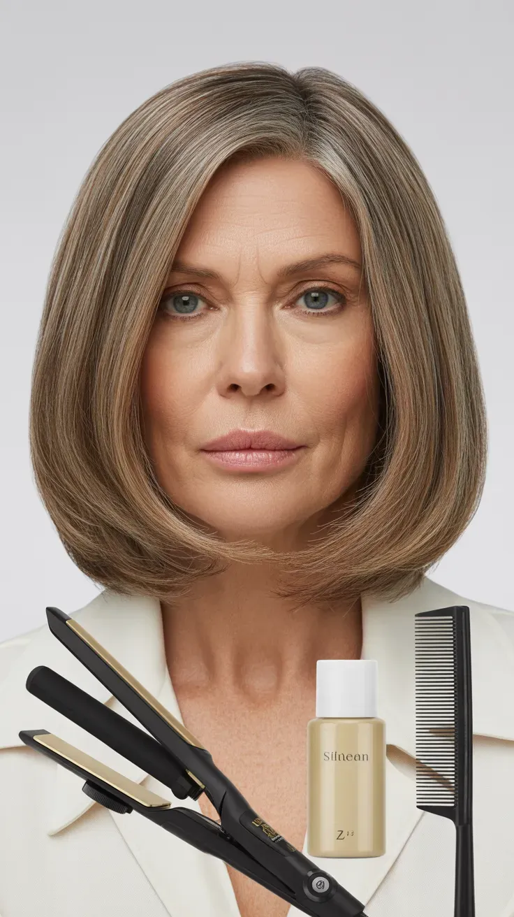 Woman over 50 with a shag haircut straightened sleek and smooth